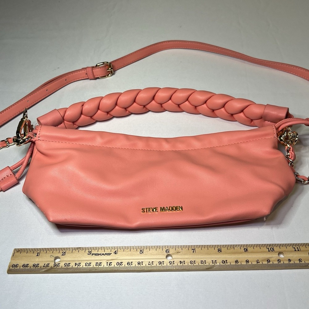 Steve Madden Peach Pink Smooth Faux Leather Crossbody Bag Woven Clutch Strap - Picture 7 of 9